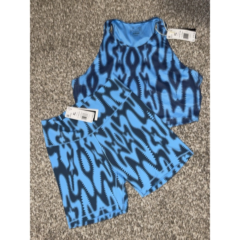 Adidas All Me AOP L Women's Performance Tight Fit Shorts & Short Tank/Bra Set XL - Picture 1 of 11